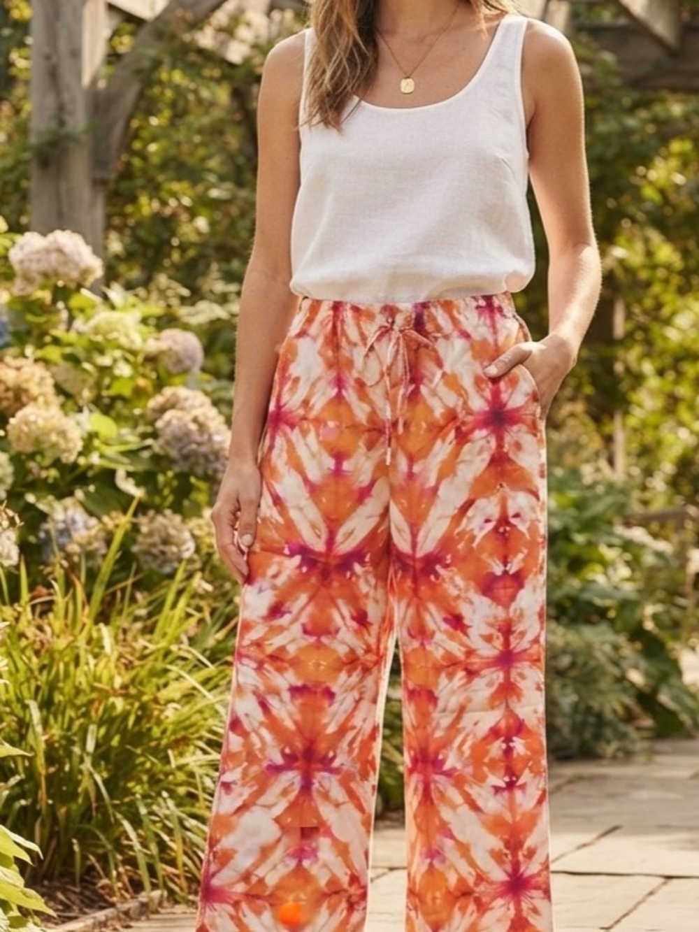 Calvin Klein Women's S Orange Pink White Tie-Dye Wide-Leg Drawstring Pants